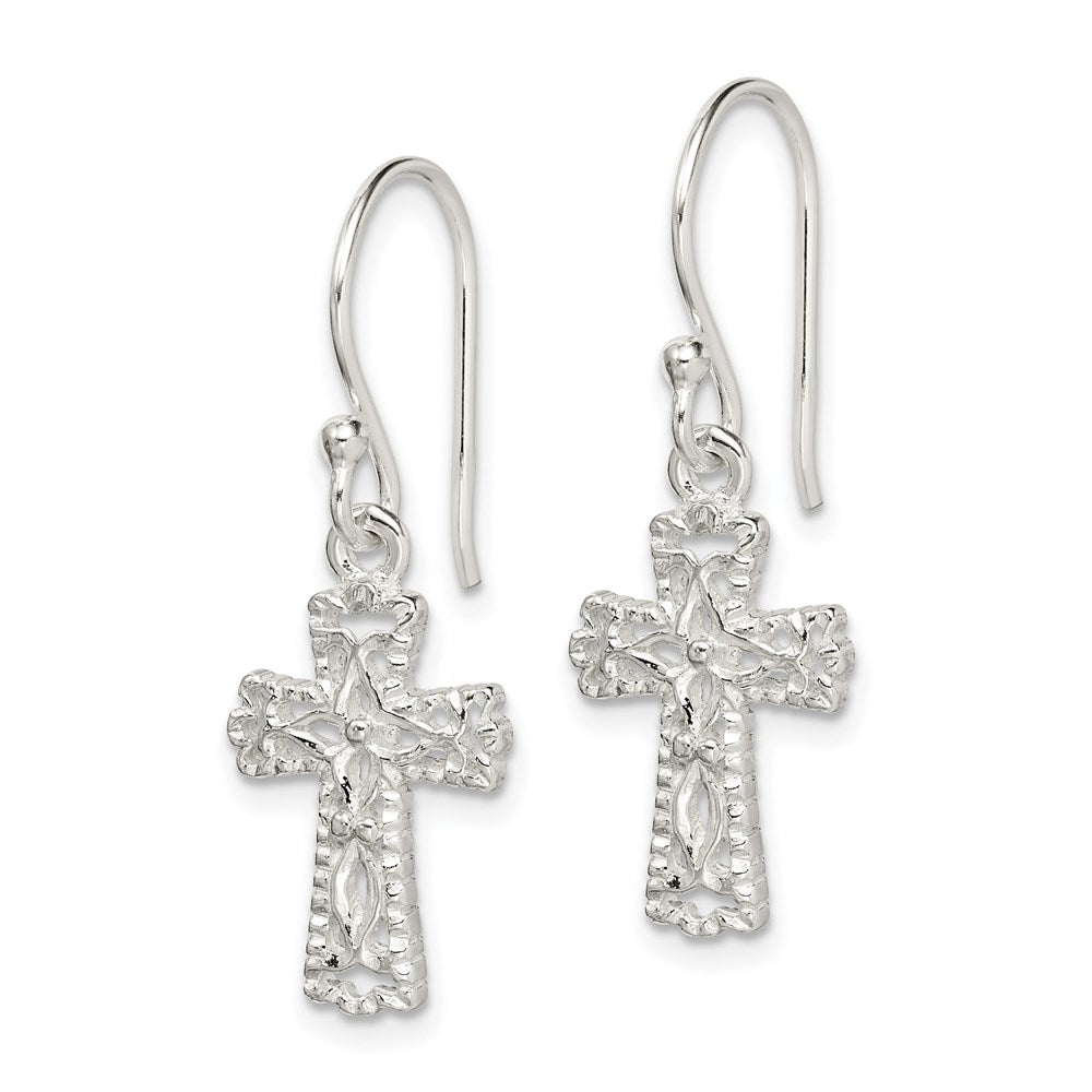 QE4264 Sterling Silver Polished & Textured Cross Dangle Earrings