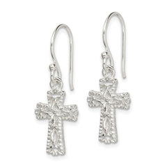 QE4264 Sterling Silver Polished & Textured Cross Dangle Earrings