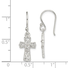 QE4264 Sterling Silver Polished & Textured Cross Dangle Earrings