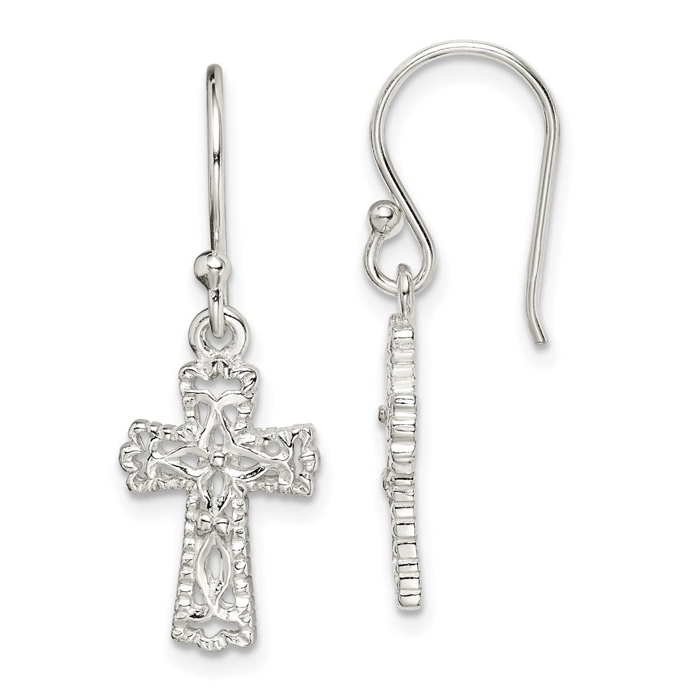 QE4264 Sterling Silver Polished & Textured Cross Dangle Earrings