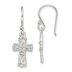 QE4264 Sterling Silver Polished & Textured Cross Dangle Earrings