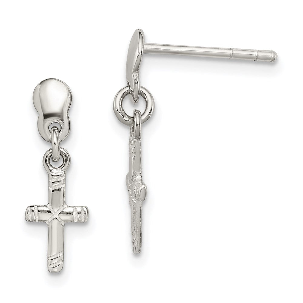 QE4275 Sterling Silver Polished & Grooved Latin Cross Post Dangle Earrings