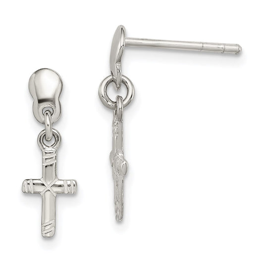 QE4275 Sterling Silver Polished & Grooved Latin Cross Post Dangle Earrings