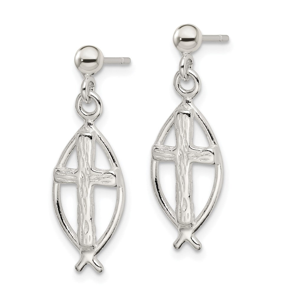 QE4282 Sterling Silver Polished Antiqued & Textured Ichthus & Cross Post Dangle Earrings