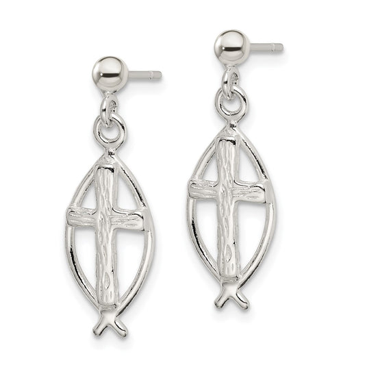 QE4282 Sterling Silver Polished Antiqued & Textured Ichthus & Cross Post Dangle Earrings