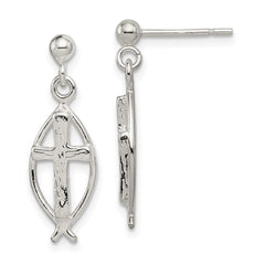 QE4282 Sterling Silver Polished Antiqued & Textured Ichthus & Cross Post Dangle Earrings