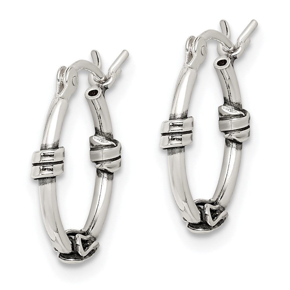 QE4285 Sterling Silver Antiqued Fancy Hoop Earrings
