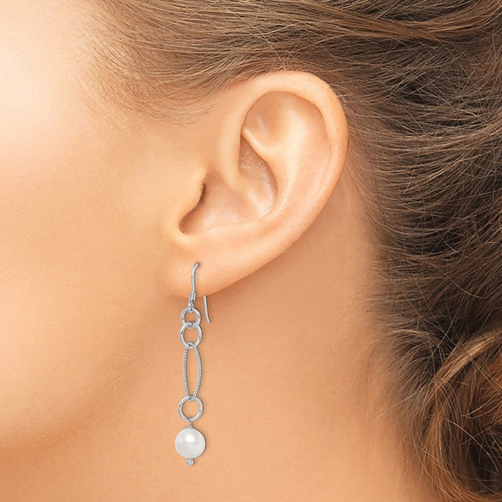 QE4332 Sterling Silver Rhodium-plated Polished & Twisted White 8-9mm Freshwater Cultured Pearl Dangle Earrings