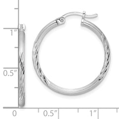 QE4418 Sterling Silver Rhodium-plated 2mm Polished/Satin Diamond-cut Hoop Earrings