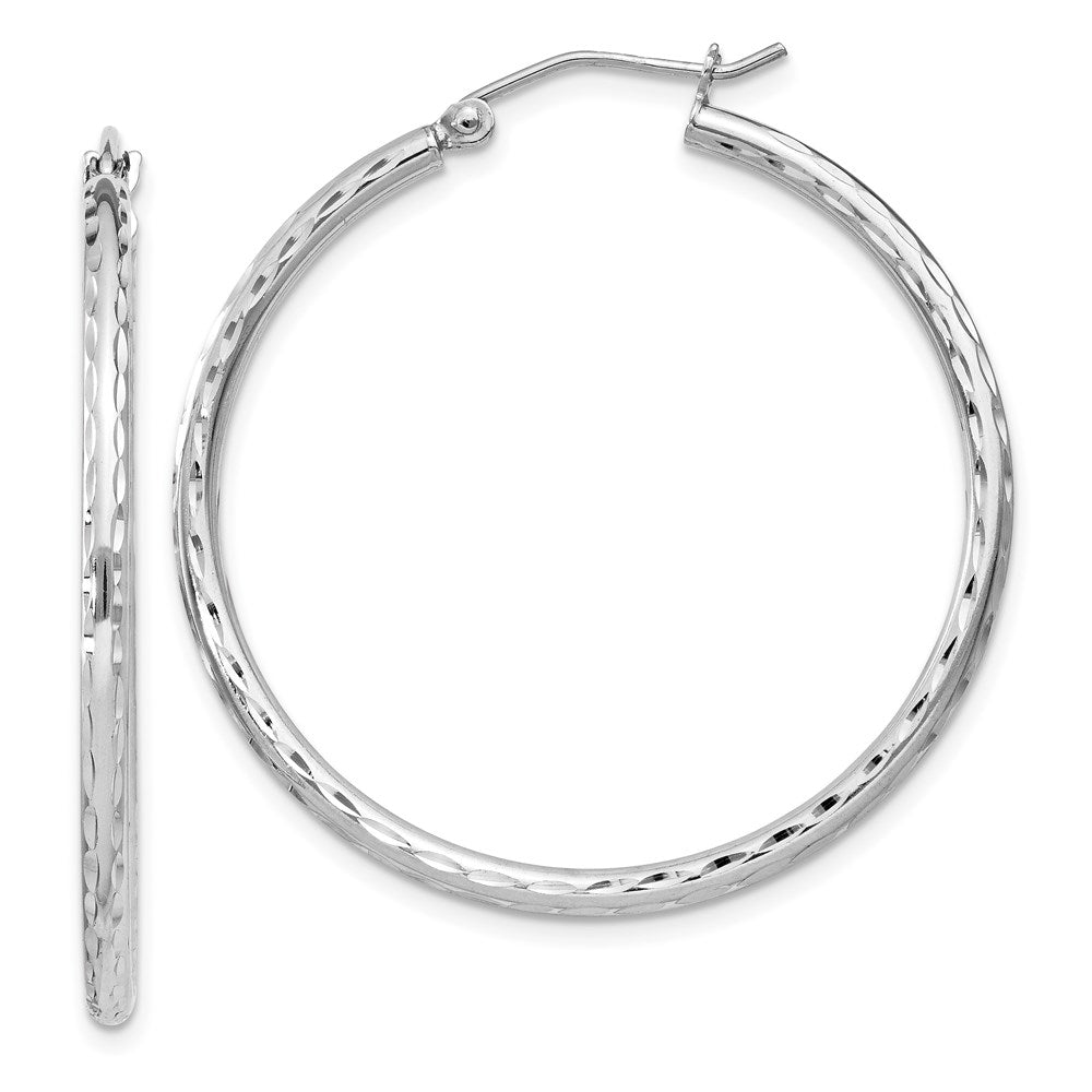 QE4463 Sterling Silver Rhodium-plated 2mm Diamond Cut Hoop Earrings