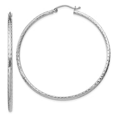QE4466 Sterling Silver Rhodium-plated 2mm Diamond Cut Hoop Earrings