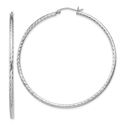 QE4467 Sterling Silver Rhodium-plated 2mm Diamond Cut Hoop Earrings
