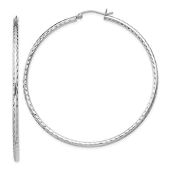 QE4467 Sterling Silver Rhodium-plated 2mm Diamond Cut Hoop Earrings