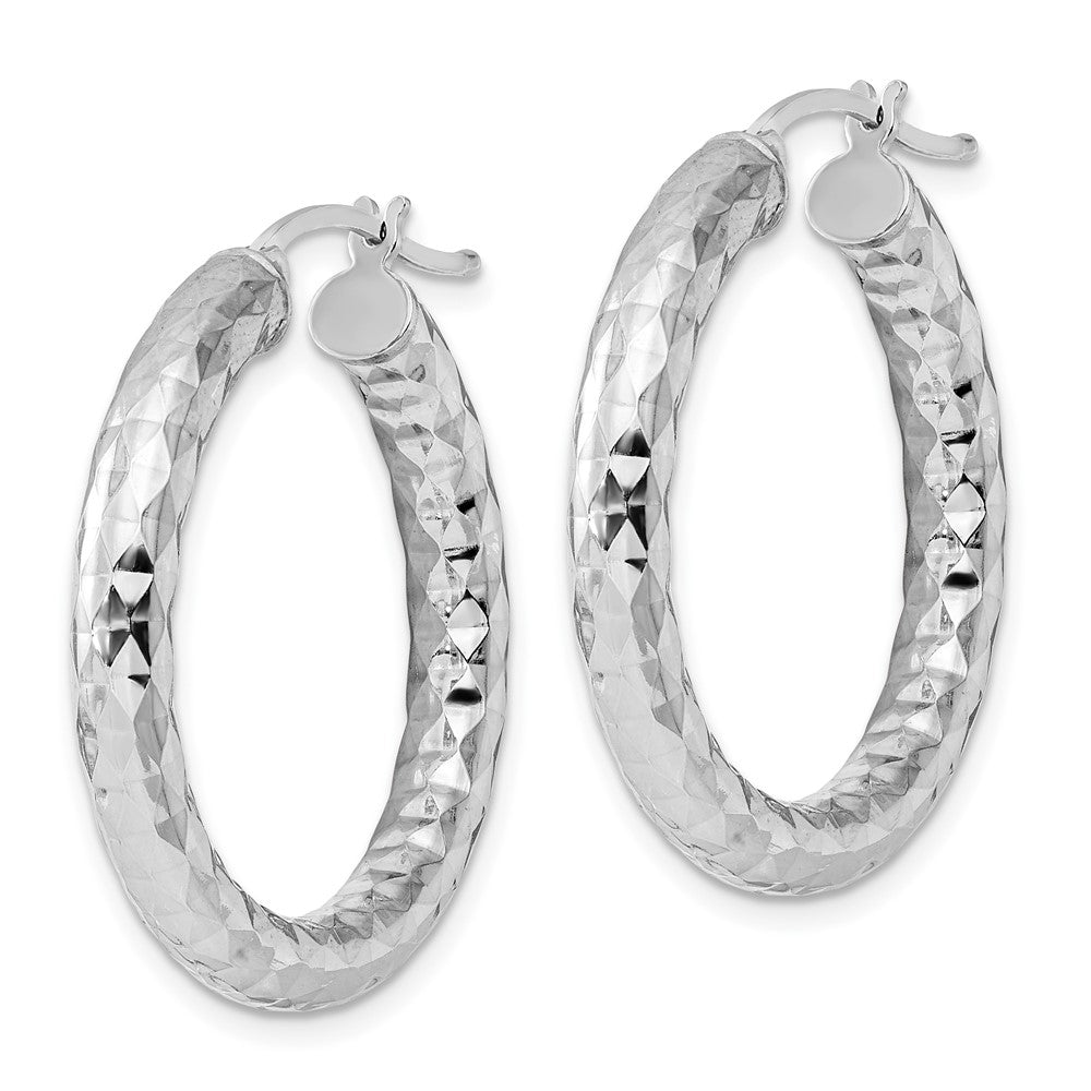 QE4486 Sterling Silver Rhodium-plated 4.00mm Diamond Cut Hoop Earrings