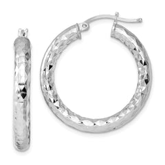 QE4486 Sterling Silver Rhodium-plated 4.00mm Diamond Cut Hoop Earrings