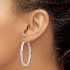 QE4524 Sterling Silver RH-plated Concave 3x1x40mm Rectangular Tube Hoop Earrings