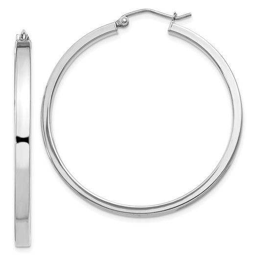 QE4524 Sterling Silver RH-plated Concave 3x1x40mm Rectangular Tube Hoop Earrings