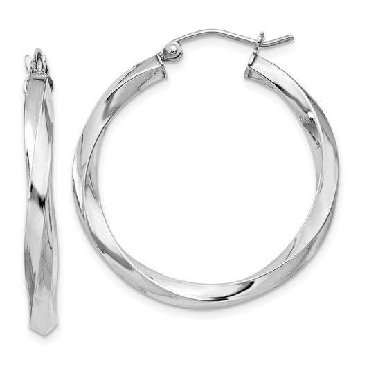 QE4585 Sterling Silver Rhodium-plated 3x30mmTwisted Hoop Earrings