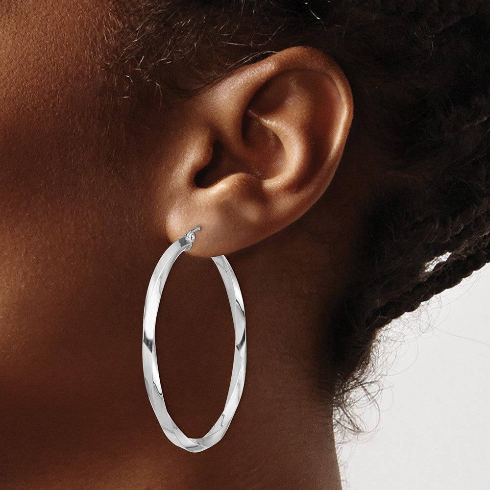 QE4588 Sterling Silver Rhodium-plated 3x45mmTwisted Hoop Earrings