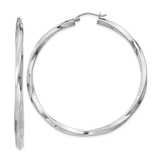 QE4590 Sterling Silver Rhodium-plated 3x55mmTwisted Hoop Earrings
