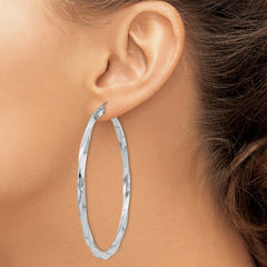 QE4591 Sterling Silver Rhodium-plated 3x60mmTwisted Hoop Earrings