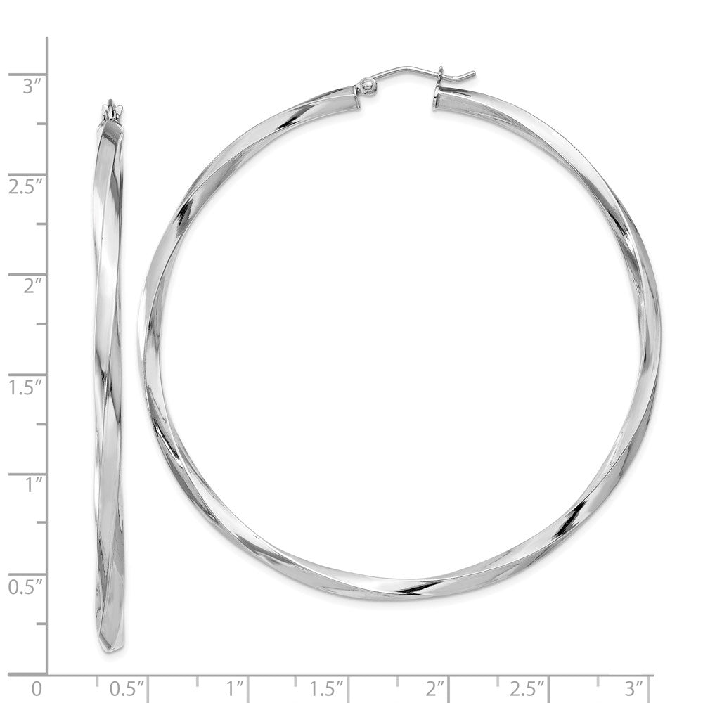 QE4592 Sterling Silver Rhodium-plated 3x65mmTwisted Hoop Earrings