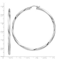 QE4592 Sterling Silver Rhodium-plated 3x65mmTwisted Hoop Earrings