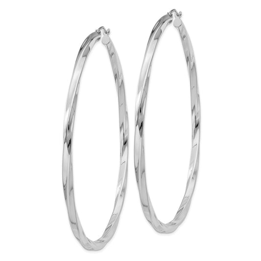 QE4593 Sterling Silver Rhodium-plated 3x70mmTwisted Hoop Earrings