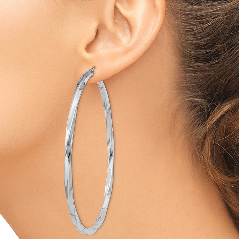 QE4593 Sterling Silver Rhodium-plated 3x70mmTwisted Hoop Earrings