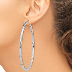 QE4593 Sterling Silver Rhodium-plated 3x70mmTwisted Hoop Earrings