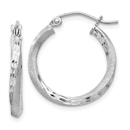QE4597 Sterling Silver RH-plated Satin Diamond-cut 2.5x20mm Twisted Hoop Earrings