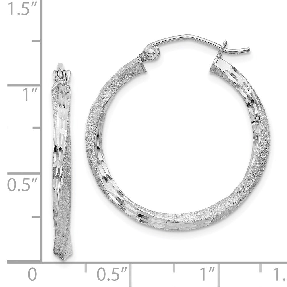 QE4598 Sterling Silver RH-plated Satin Diamond-cut 2.5x25mm Twisted Hoop Earrings