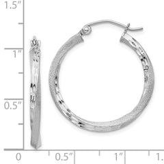 QE4598 Sterling Silver RH-plated Satin Diamond-cut 2.5x25mm Twisted Hoop Earrings