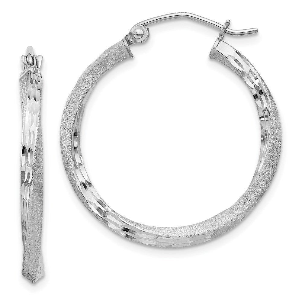 QE4598 Sterling Silver RH-plated Satin Diamond-cut 2.5x25mm Twisted Hoop Earrings
