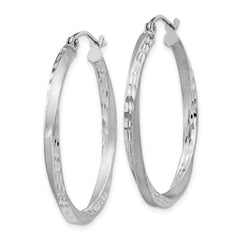 QE4599 Sterling Silver RH-plated Satin Diamond-cut 2.5x30mm Twisted Hoop Earrings