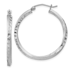 QE4599 Sterling Silver RH-plated Satin Diamond-cut 2.5x30mm Twisted Hoop Earrings