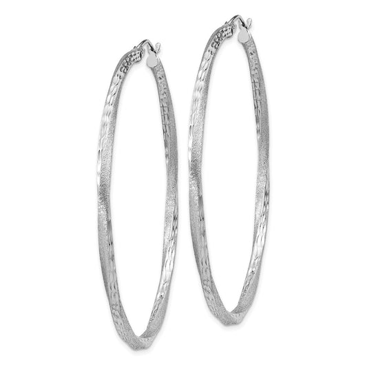 QE4604 Sterling Silver RH-plated Satin Diamond-cut 2.5x55mm Twisted Hoop Earrings