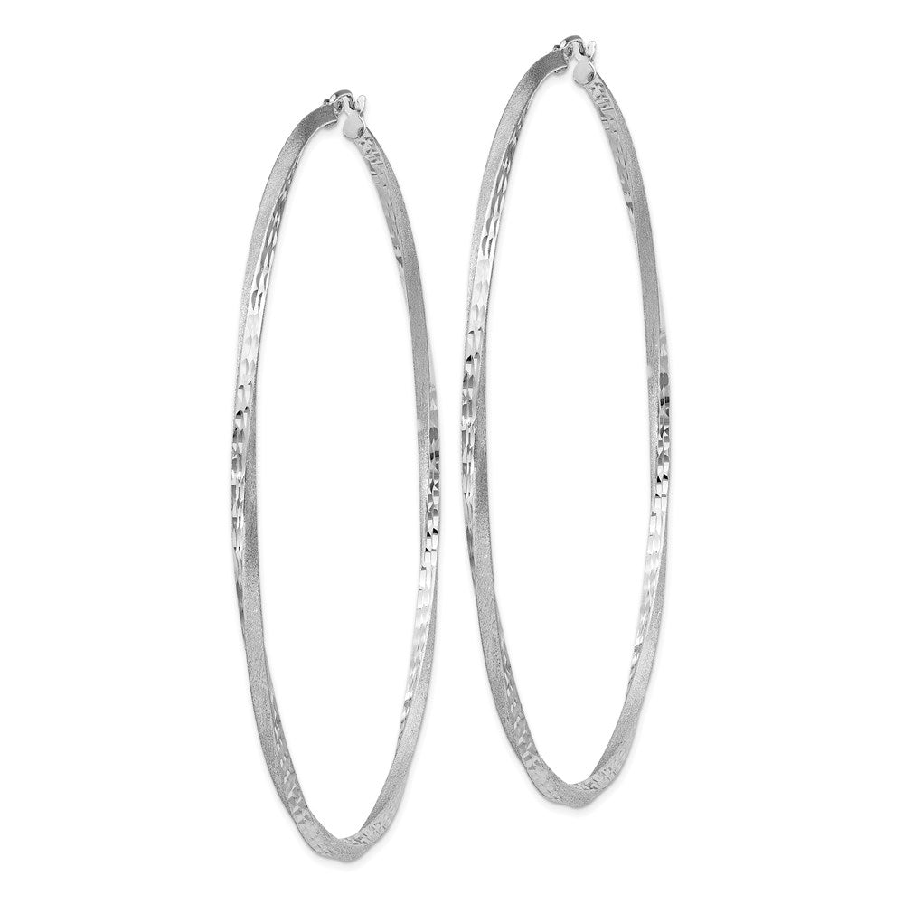 QE4608 Sterling Silver RH-plated Satin Diamond-cut 2.5x80mm Twisted Hoop Earrings