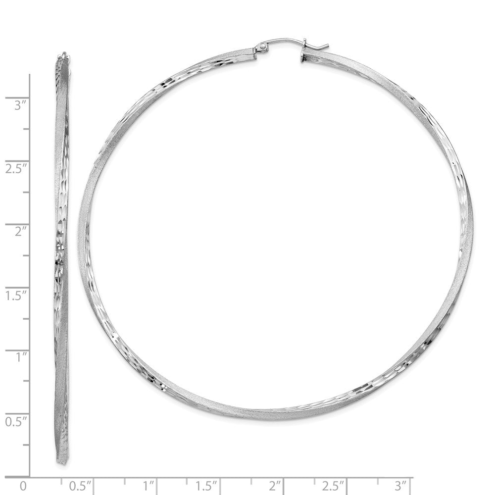 QE4608 Sterling Silver RH-plated Satin Diamond-cut 2.5x80mm Twisted Hoop Earrings