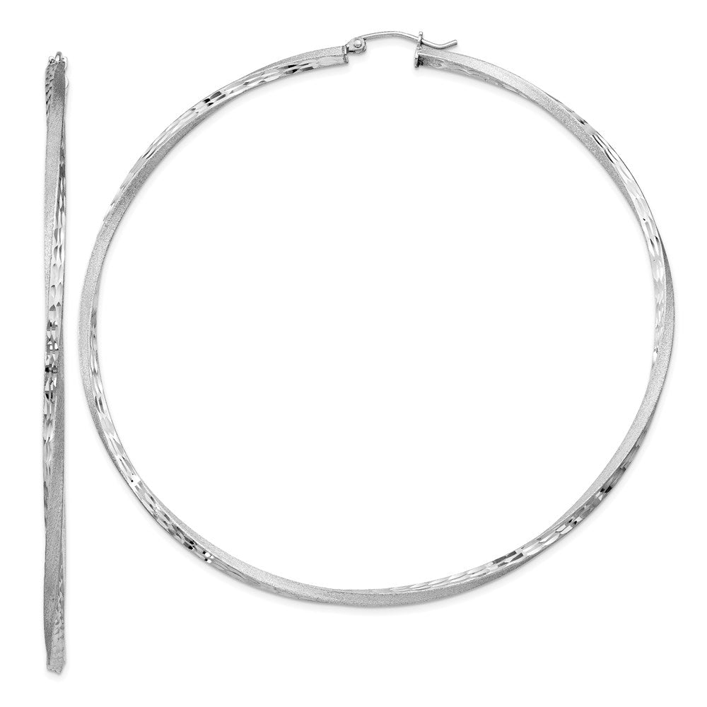 QE4608 Sterling Silver RH-plated Satin Diamond-cut 2.5x80mm Twisted Hoop Earrings