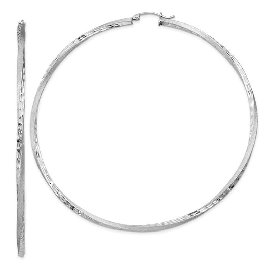 QE4608 Sterling Silver RH-plated Satin Diamond-cut 2.5x80mm Twisted Hoop Earrings