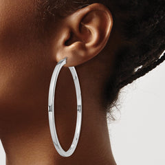 QE4655 Sterling Silver Rhodium-plated 2x65mm Square Tube Hoop Earrings