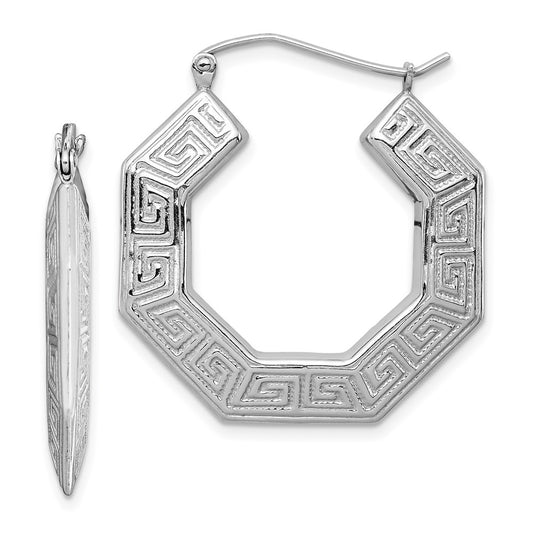 QE4666 Sterling Silver Rhodium-plated Textured Greek Key Hoop Earrings