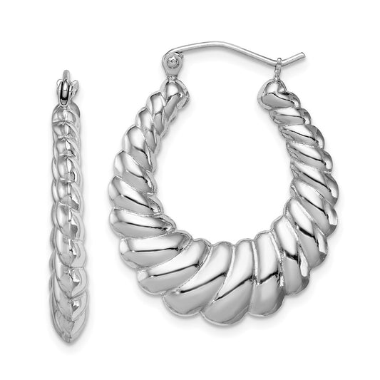 QE4678 Sterling Silver Rhodium-plated Polished Shrimp Oval Hoop Earrings