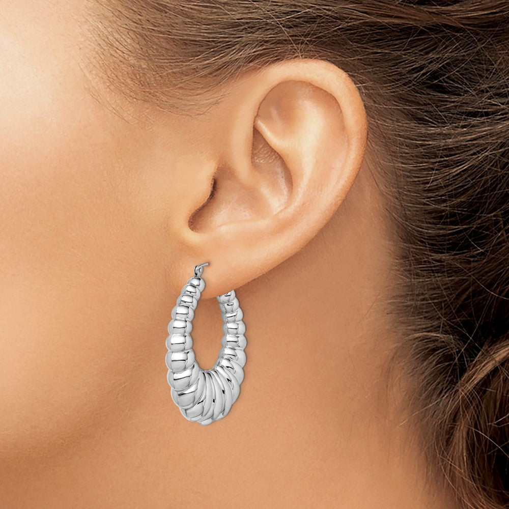 QE4686 Sterling Silver Rhodium-plated Polished Shrimp Oval Hoop Earrings