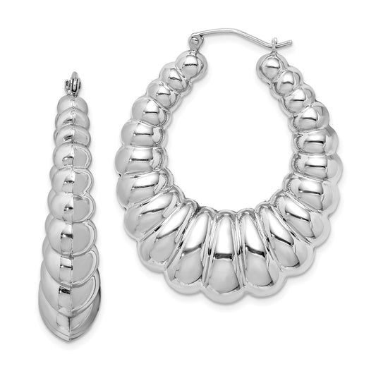 QE4686 Sterling Silver Rhodium-plated Polished Shrimp Oval Hoop Earrings