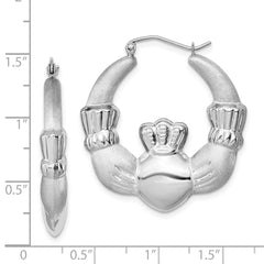 QE4700 Sterling Silver Rhod-plated Polished/Satin Claddagh Hoop Earrings
