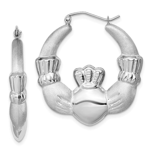 QE4700 Sterling Silver Rhod-plated Polished/Satin Claddagh Hoop Earrings
