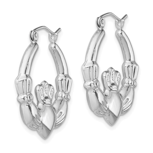 QE4703 Sterling Silver Rhod-plated Polished Claddagh Round Hoop Earrings