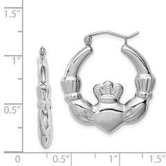 QE4703 Sterling Silver Rhod-plated Polished Claddagh Round Hoop Earrings